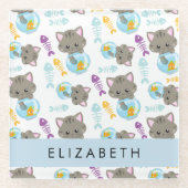 猫のパターン、かわいい猫、子猫、お名前 ガラスコースター (正面)