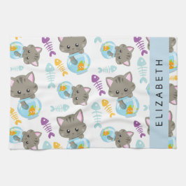 猫のパターン、かわいい猫、子猫、お名前 キッチンタオル
