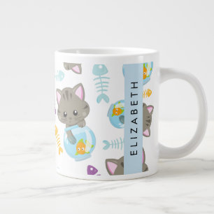猫のパターン、かわいい猫、子猫、お名前 ジャンボコーヒーマグカップ