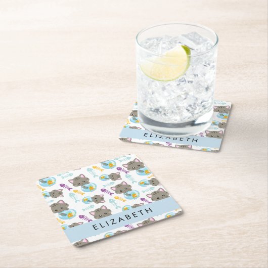 猫のパターン、かわいい猫、子猫、お名前 スクエアペーパーコースター (インサイチュ)
