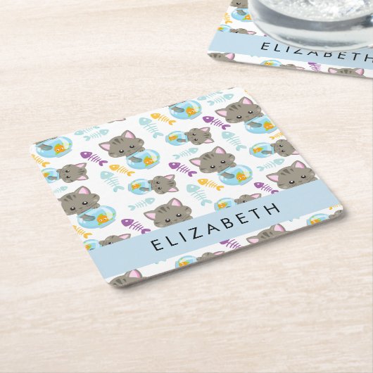 猫のパターン、かわいい猫、子猫、お名前 スクエアペーパーコースター (アングル)