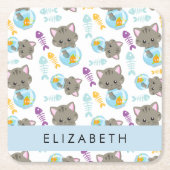 猫のパターン、かわいい猫、子猫、お名前 スクエアペーパーコースター (正面)