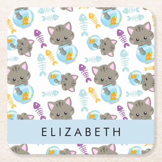 猫のパターン、かわいい猫、子猫、お名前 スクエアペーパーコースター (正面)