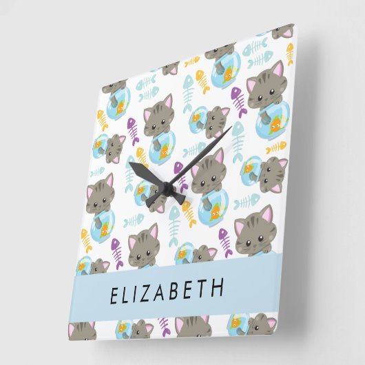 猫のパターン、かわいい猫、子猫、お名前 スクエア壁時計 (傾斜)