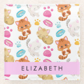 猫のパターン,かわいい猫,子猫,前足,名前 ガラスコースター (正面)