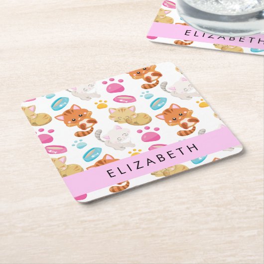 猫のパターン，かわいい猫，子猫，前足，名前 スクエアペーパーコースター (アングル)