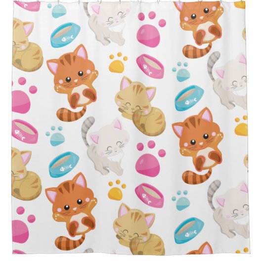 猫のパターン，かわいい猫，子猫，子猫，手 シャワーカーテン (正面)
