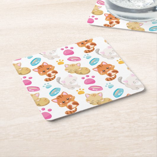 猫のパターン，かわいい猫，子猫，子猫，手 スクエアペーパーコースター (アングル)