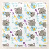 猫のパターン，かわいい猫，子猫，魚 ガラスコースター (正面)