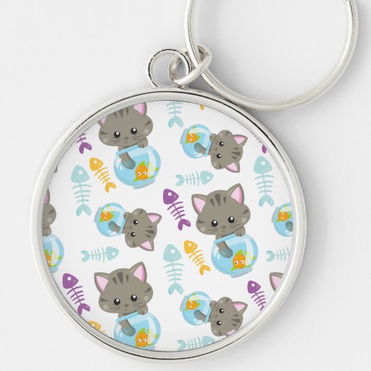 猫のパターン,かわいい猫,子猫,魚 キーホルダー (正面)