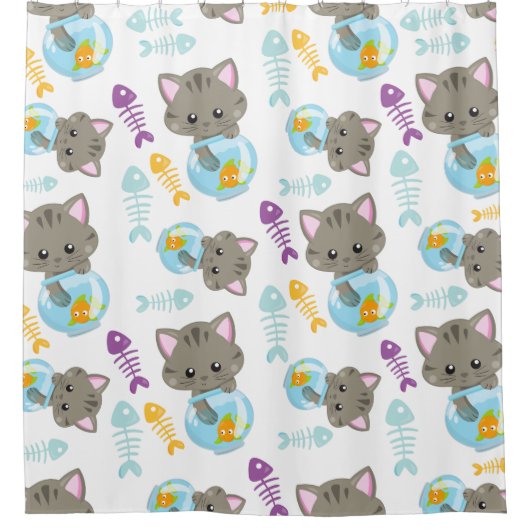 猫のパターン，かわいい猫，子猫，魚 シャワーカーテン (正面)