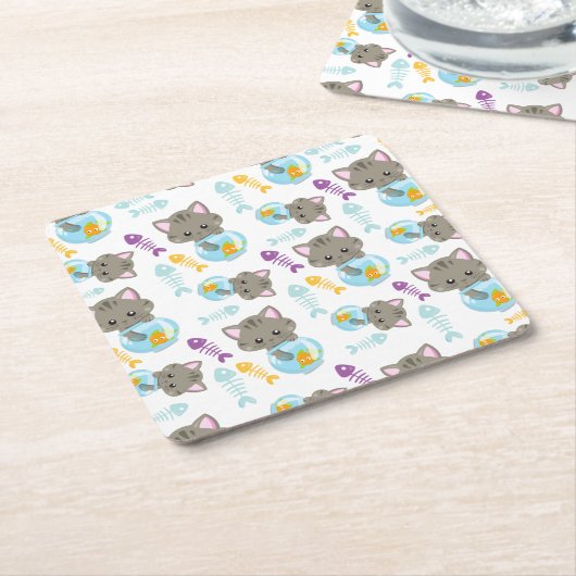 猫のパターン，かわいい猫，子猫，魚 スクエアペーパーコースター (アングル)