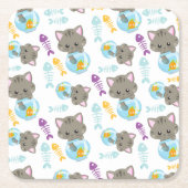 猫のパターン，かわいい猫，子猫，魚 スクエアペーパーコースター (正面)