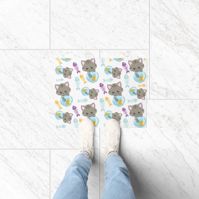 猫のパターン，かわいい猫，子猫，魚 ドアマット (室内)