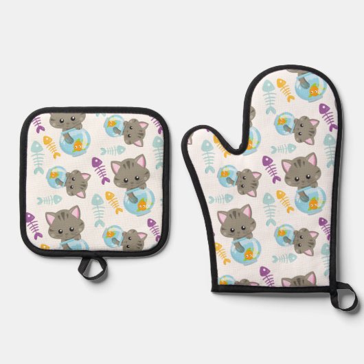 猫のパターン，かわいい猫，子猫，魚 鍋つかみ&鍋敷きセット (正面)