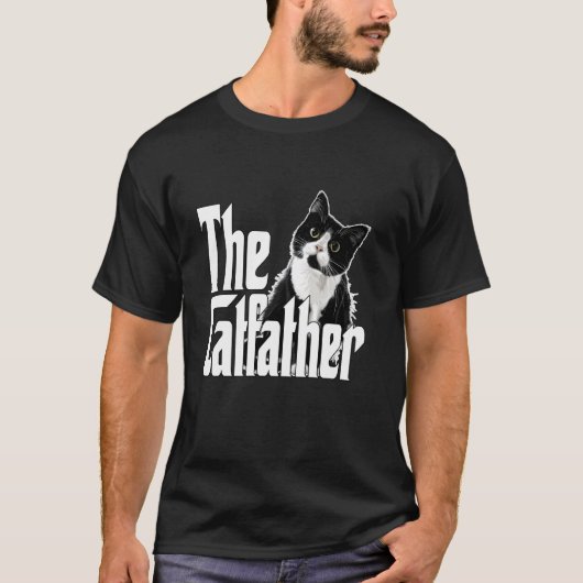 猫のパパ ネコファーザー かわいい 黒白 猫 太め Tシャツ (正面)