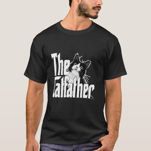 猫のパパ ネコ教父 かわいい 黒白 猫 肥満 Tシャツ (正面)