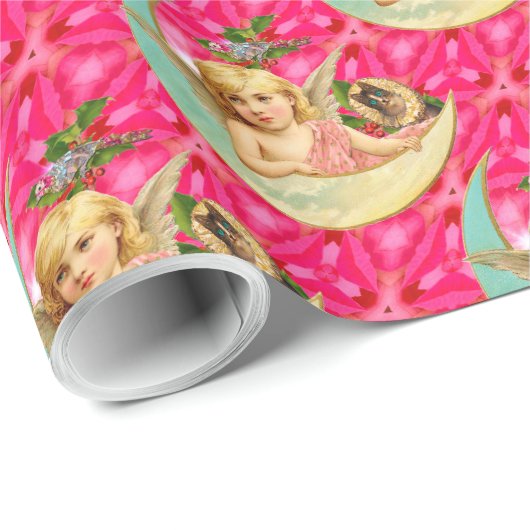 猫のビクトリア時代の人とのロマンチックで小さいヴィンテージの天使 ラッピングペーパー (ロールコーナー)