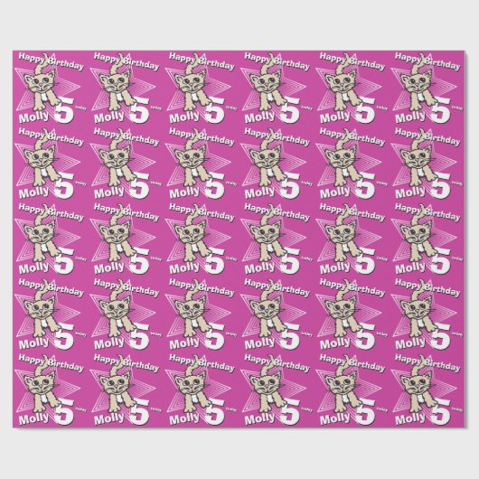 猫のピンクはあなたの年齢の名前の第5誕生日の覆いを加えます ラッピングペーパー (フラット)