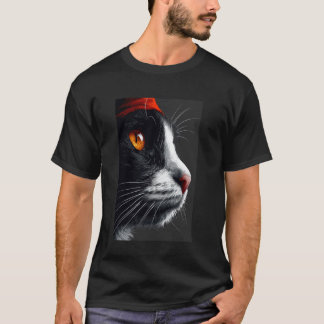 猫のプロフィールポートレート、黒と白の猫と赤いリボン Tシャツ