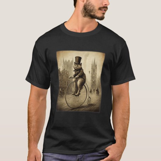 猫のペニー・ファージング自転車トップハット Tシャツ (正面)