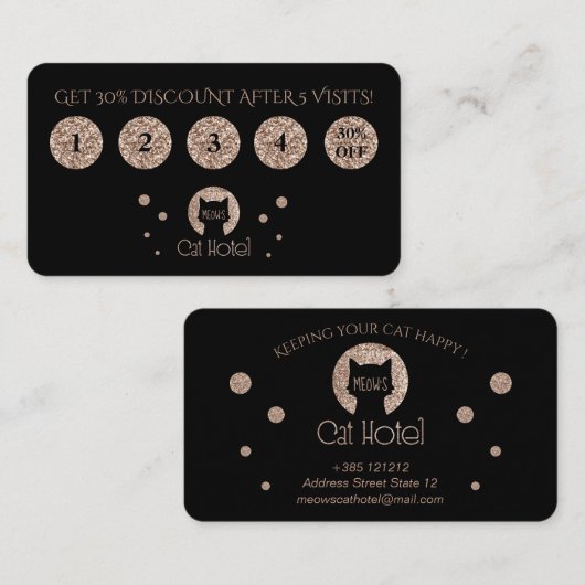 猫のホテルの金グリッターのロゴ ロイヤリティカード (正面/裏面)
