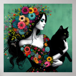 猫のポスターを掲げたフローラのドレスを着た女性 ポスター