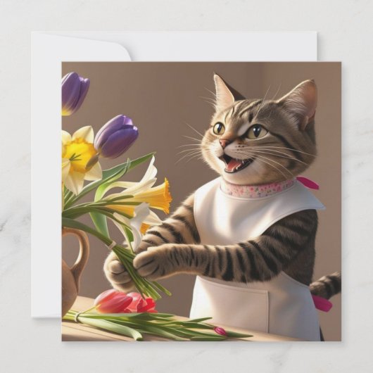 猫のママが母の日の花を飾っている シーズンカード (正面)