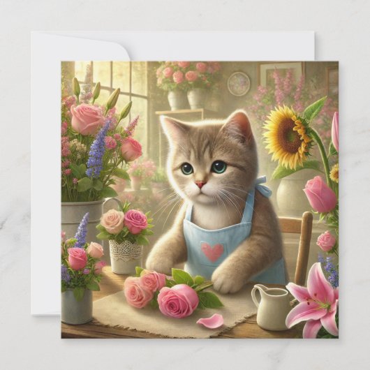 猫のママが母の日の花を飾っている シーズンカード (正面)
