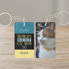 猫のママ最高 名前 写真 青 黄色 キーホルダー