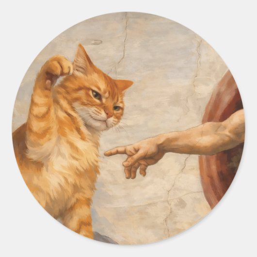 猫のミームアートによるアダムの創造 サルカ風 ラウンドシール (正面)