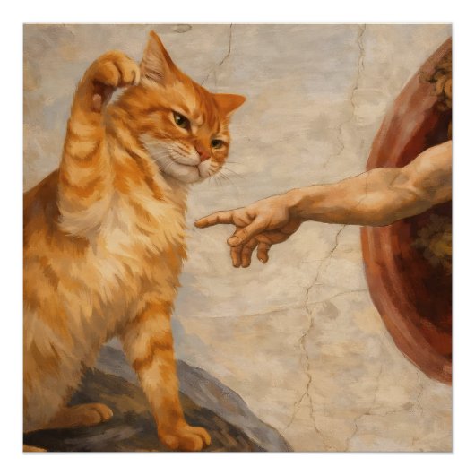 猫のミームアート「アダムの創造」ネコとサルカ ポスター (正面)