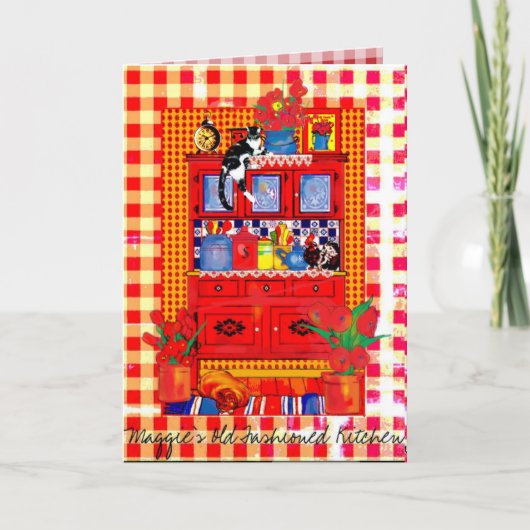 猫のメッセージカードが付いている旧式の台所食器棚 カード (正面)