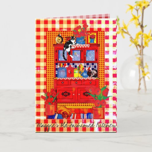 猫のメッセージカードが付いている旧式の台所食器棚 カード (黄色い花)