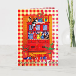 猫のメッセージカードが付いている旧式の台所食器棚 カード