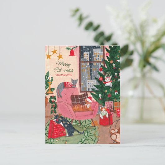 猫のメリー混乱猫クリスマスホリデーカード シーズンポストカード (スタンド正面)