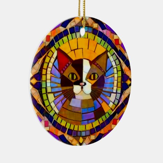猫のモザイク – カラフルCalico – 背中に自分の文字 セラミックオーナメント (右)