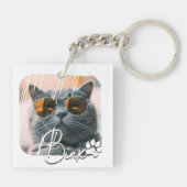 猫のモダン名シンプルクールグランジと写真 キーホルダー (裏面)