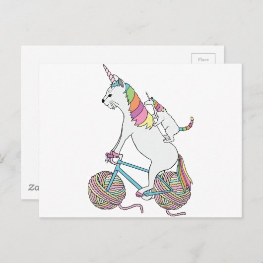 猫のユニコーンが自転車に乗るユニコーンの猫を乗せている ポストカード (正面/裏面)