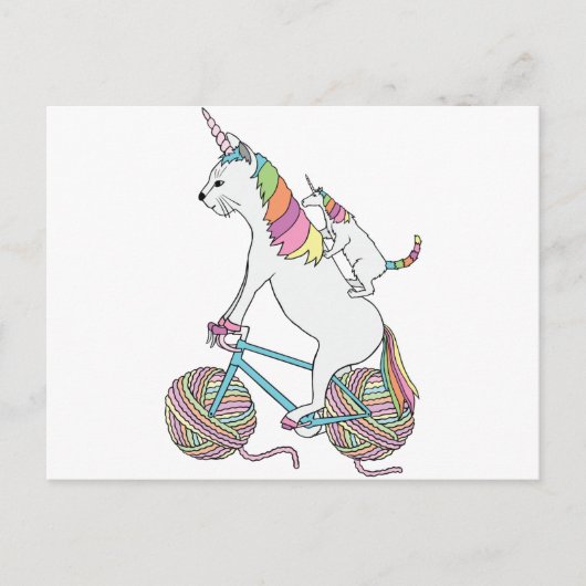 猫のユニコーンが自転車に乗るユニコーンの猫を乗せている ポストカード (正面)