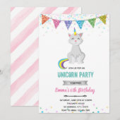 猫のユニコーン誕生日招待状 招待状 (正面/裏面)