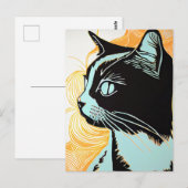 猫のリノカットポートレートのプロファイル ポストカード (正面/裏面)