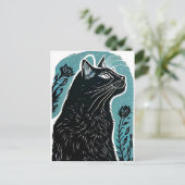 猫のリノカットポートレートのプロファイル ポストカード (スタンド正面)