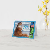 猫のルンペンの印は、親切な女性挨拶状ここに住んでいます カード (黄色い花)