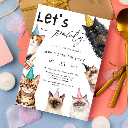 猫のレッツパーティーキットンかわいい3歳の猫の誕生日 招待状