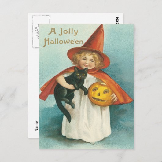 猫のヴィンテージの郵便はがきを持つかわいい魔法使い ポストカード (正面/裏面)