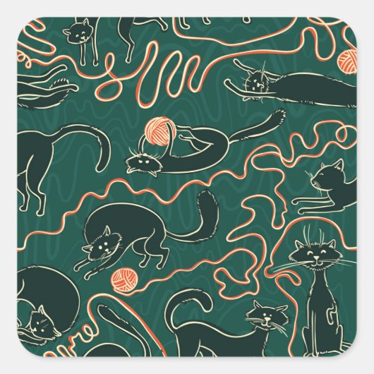猫のヴィンテージ: Doodleシームレスパターン スクエアシール (正面)
