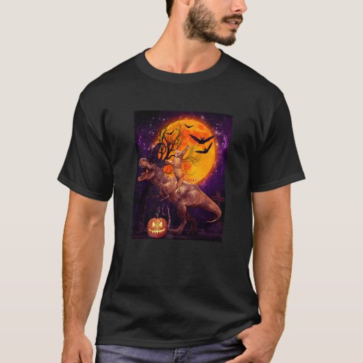 猫の乗馬魔女 ティラノサウルス 恐竜 月 かぼちゃ ハロウィン Tシャツ (正面)