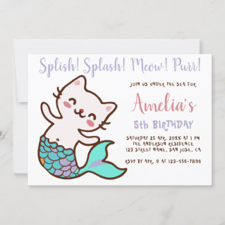 猫の人魚の女の子の誕生日 メオメイド パーマイド シンプル 招待状