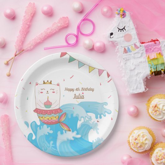 猫の人魚の誕生日パーティープレート ペーパープレート (パーティー)